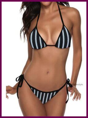Women Crochet Triangle Halter Bikini Set Cheeky Low Rise Swimsuit